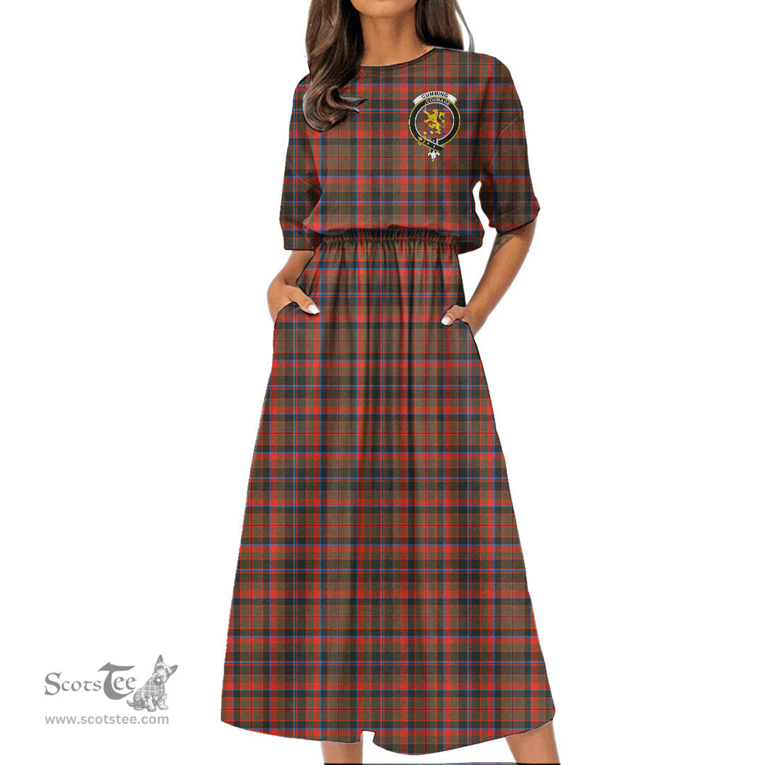 Scottish Cumming Hunting Weathered Tartan Crest Womens Elastic Waist Dress Tartan Plaid Dress