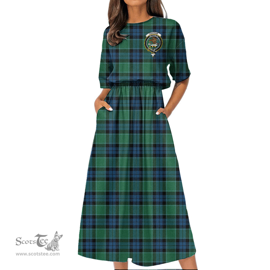 Scottish Graham of Menteith Ancient Tartan Crest Womens Elastic Waist Dress Tartan Plaid Dress