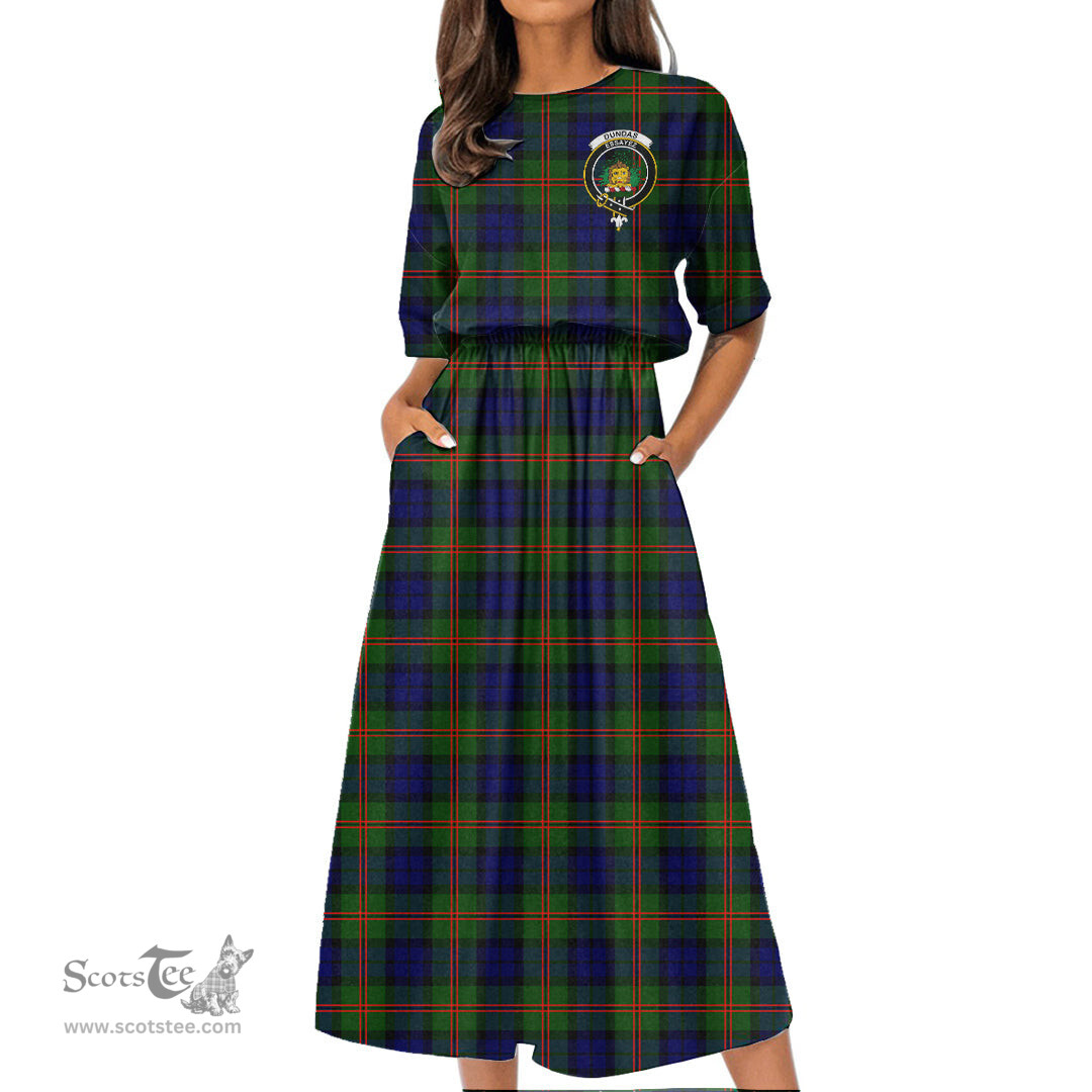 Scottish Dundas Modern 02 Tartan Crest Womens Elastic Waist Dress Tartan Plaid Dress