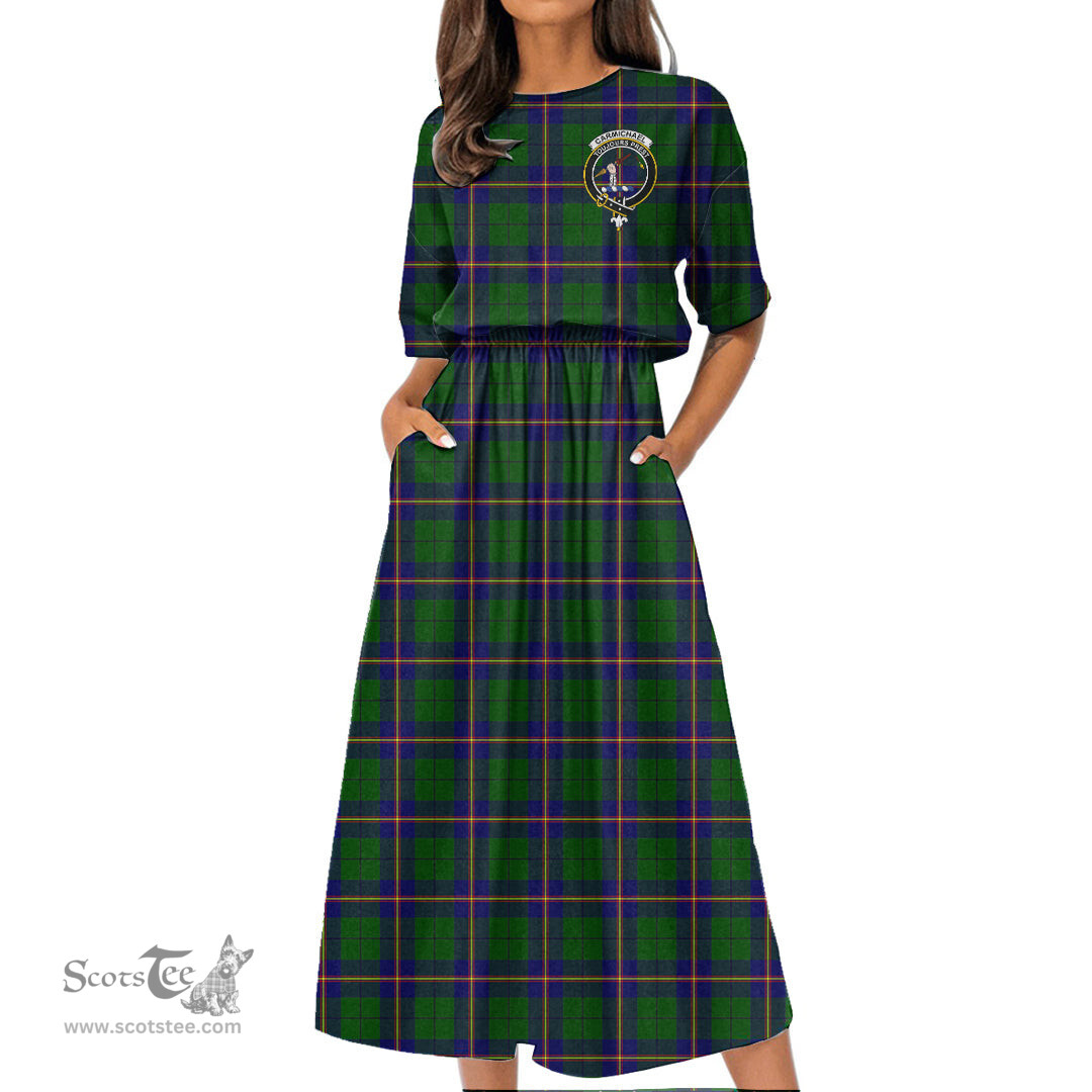 Scottish Carmichael Modern Tartan Crest Womens Elastic Waist Dress Tartan Plaid Dress