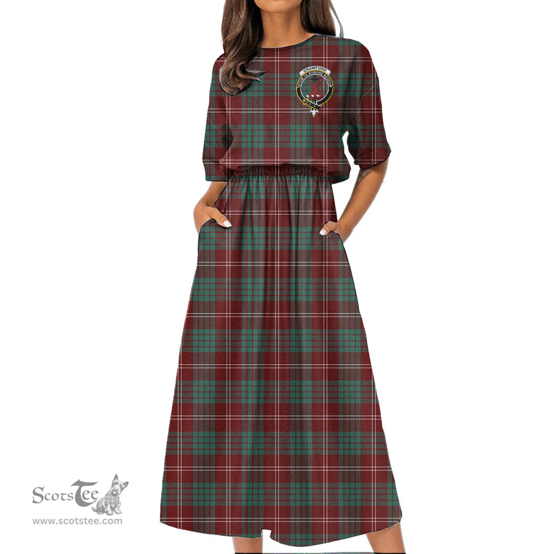 Scottish Crawford Modern Tartan Crest Womens Elastic Waist Dress Tartan Plaid Dress