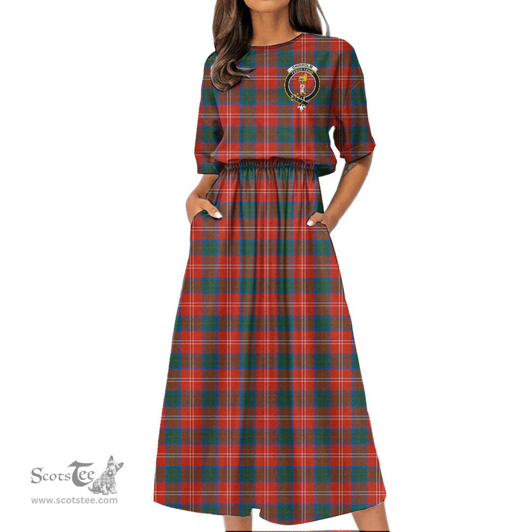 Scottish Chisholm Ancient Tartan Crest Womens Elastic Waist Dress Tartan Plaid Dress