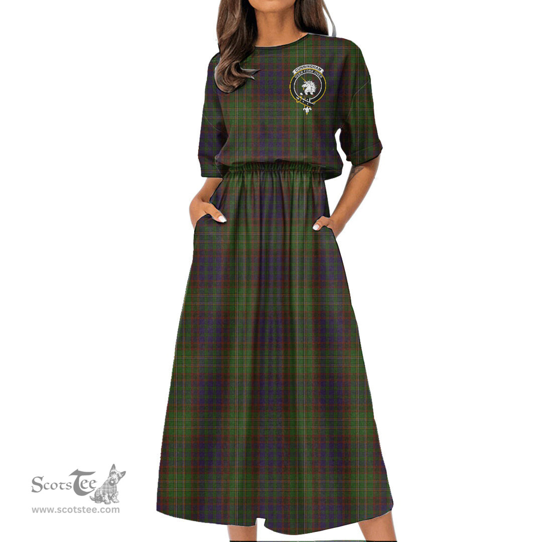 Scottish Cunningham Hunting Modern Tartan Crest Womens Elastic Waist Dress Tartan Plaid Dress