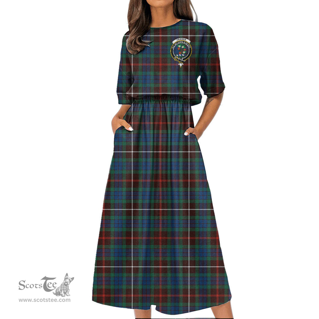 Scottish Fraser Hunting Ancient Tartan Crest Womens Elastic Waist Dress Tartan Plaid Dress