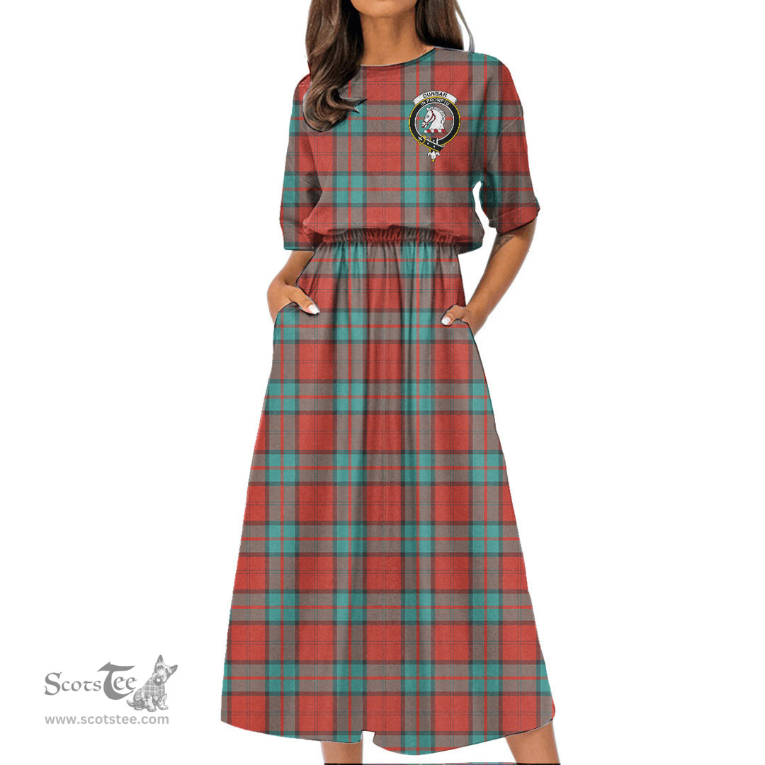 Scottish Dunbar Ancient Tartan Crest Womens Elastic Waist Dress Tartan Plaid Dress