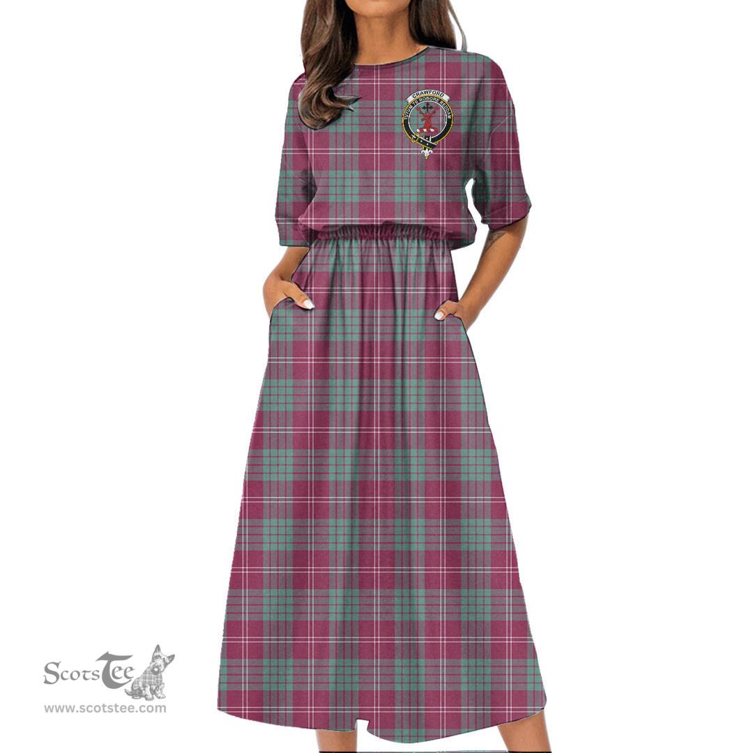 Scottish Crawford Ancient Tartan Crest Womens Elastic Waist Dress Tartan Plaid Dress