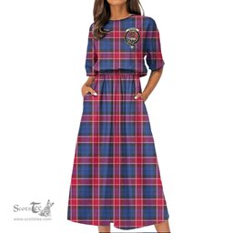 Scottish Graham of Menteith Red Tartan Crest Womens Elastic Waist Dress Tartan Plaid Dress