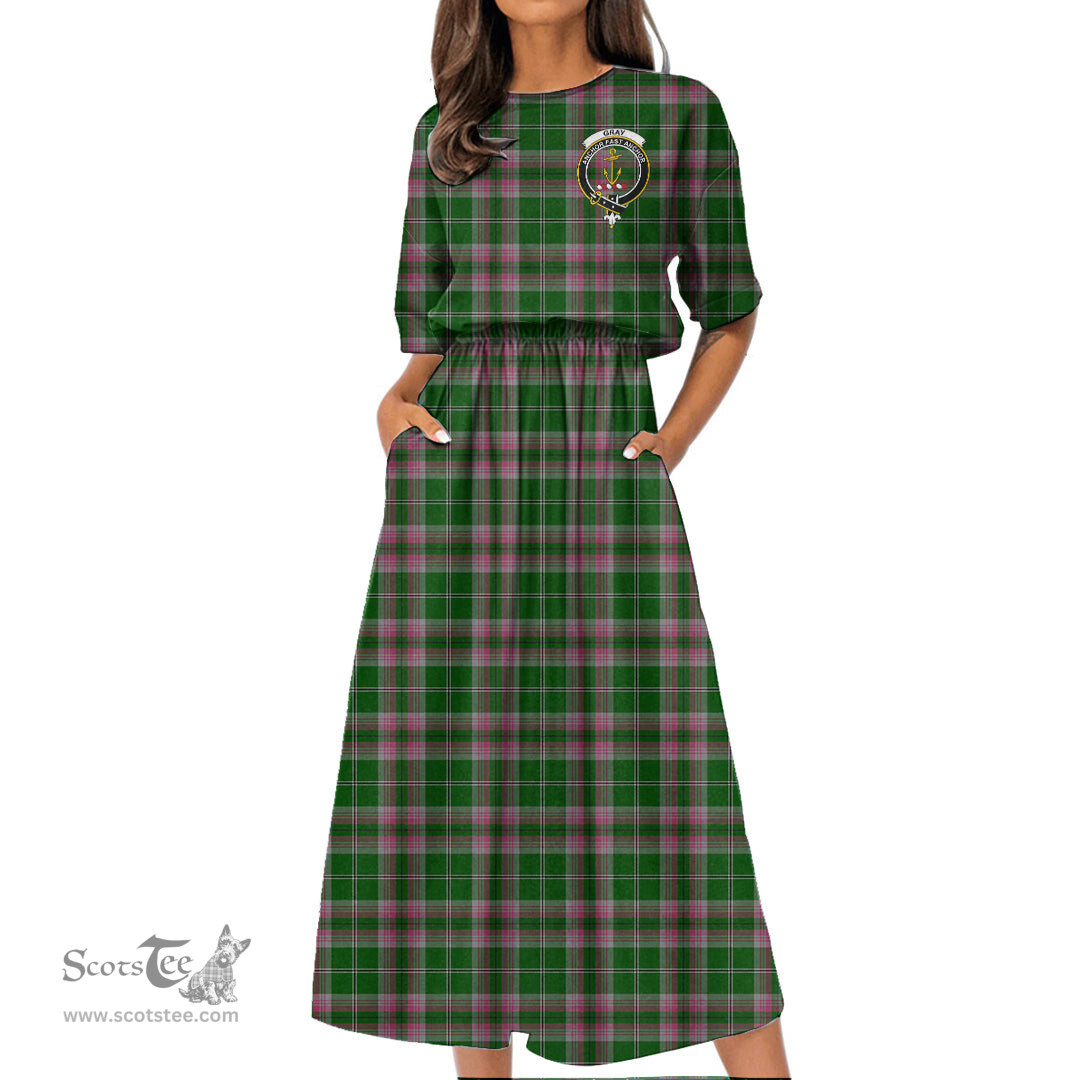Scottish Gray Hunting Tartan Crest Womens Elastic Waist Dress Tartan Plaid Dress
