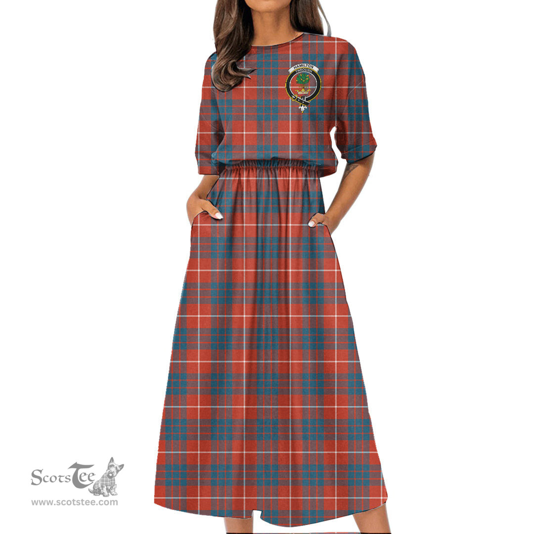 Scottish Hamilton Ancient Tartan Crest Womens Elastic Waist Dress Tartan Plaid Dress