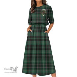 Scottish MacAulay Hunting Ancient Tartan Crest Womens Elastic Waist Dress Tartan Plaid Dress