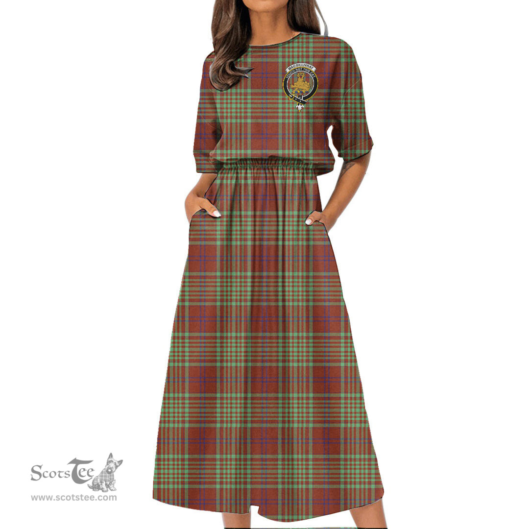 Scottish MacGillivray Hunting Ancient Tartan Crest Womens Elastic Waist Dress Tartan Plaid Dress