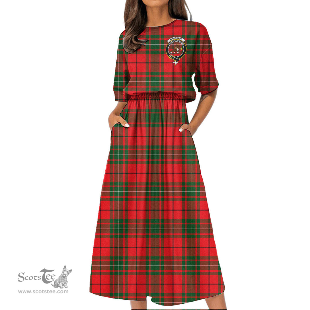 Scottish MacAulay Modern Tartan Crest Womens Elastic Waist Dress Tartan Plaid Dress