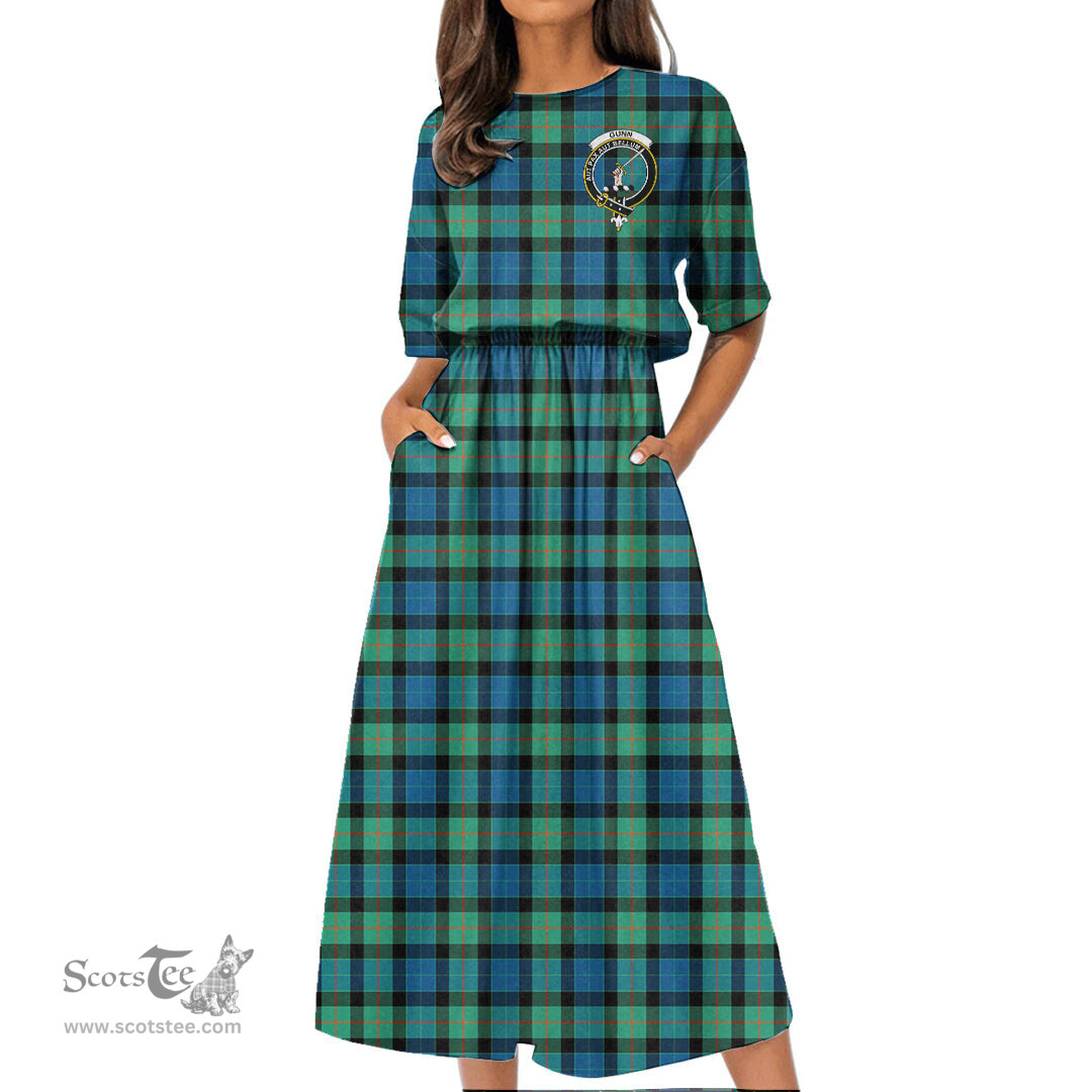 Scottish Gunn Ancient Tartan Crest Womens Elastic Waist Dress Tartan Plaid Dress