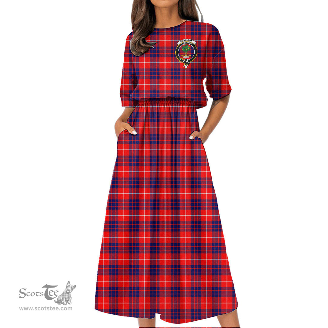 Scottish Hamilton Modern Tartan Crest Womens Elastic Waist Dress Tartan Plaid Dress