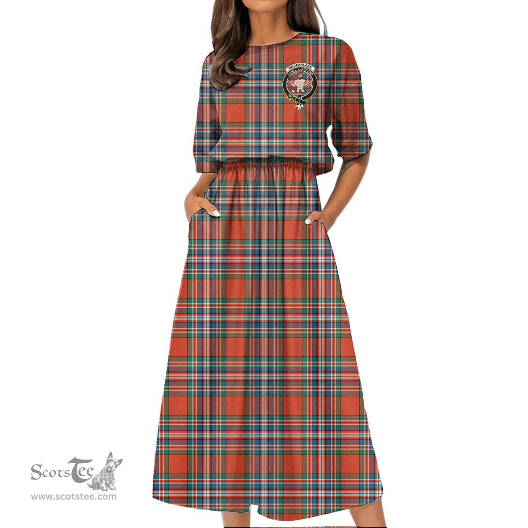 Scottish MacFarlane Ancient Tartan Crest Womens Elastic Waist Dress Tartan Plaid Dress