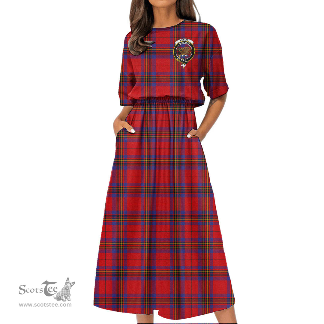 Scottish Leslie Modern Tartan Crest Womens Elastic Waist Dress Tartan Plaid Dress