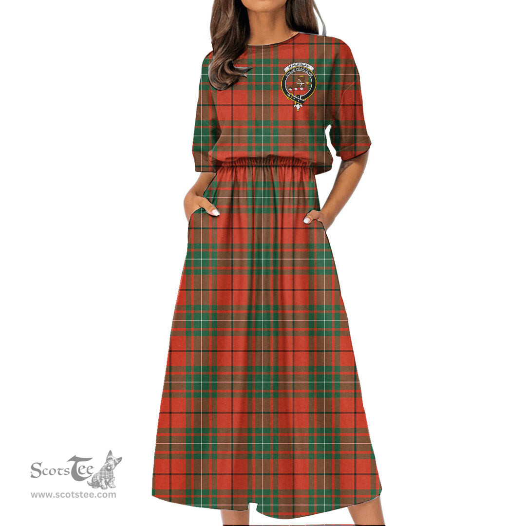 Scottish MacAulay Ancient Tartan Crest Womens Elastic Waist Dress Tartan Plaid Dress