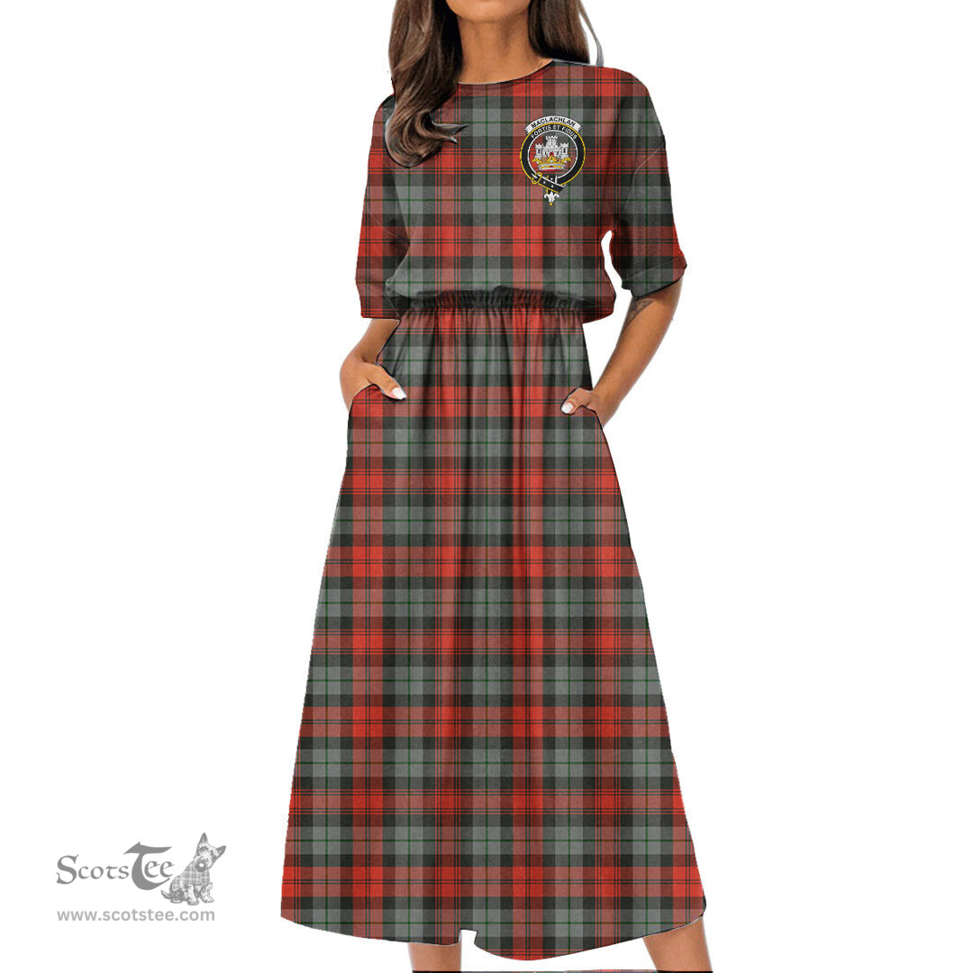 Scottish MacLachlan Weathered Tartan Crest Womens Elastic Waist Dress Tartan Plaid Dress