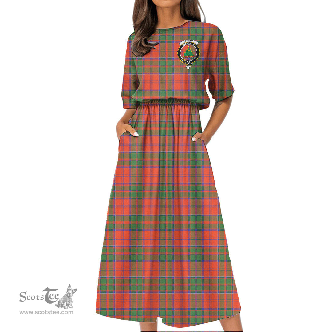 Scottish Grant Ancient Tartan Crest Womens Elastic Waist Dress Tartan Plaid Dress