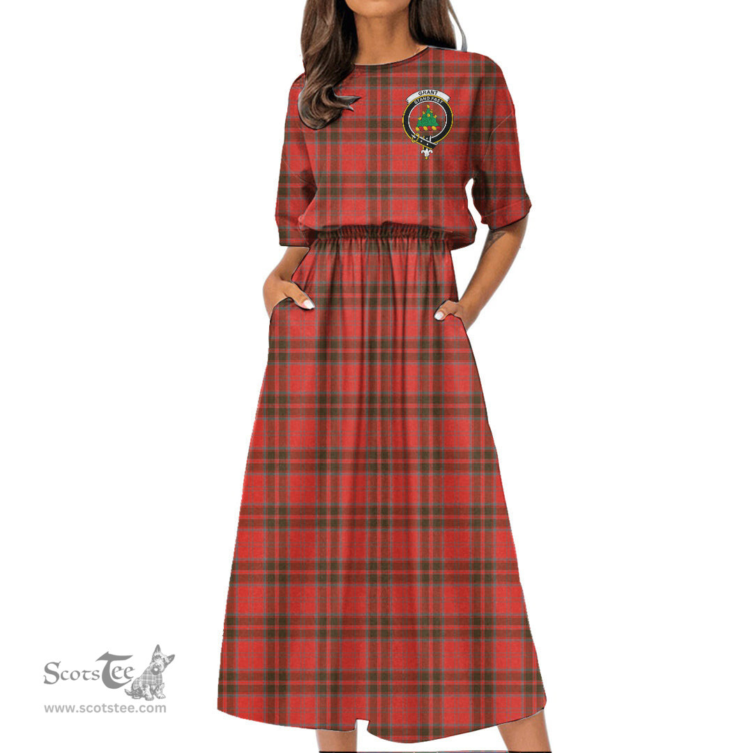 Scottish Grant Weathered Tartan Crest Womens Elastic Waist Dress Tartan Plaid Dress