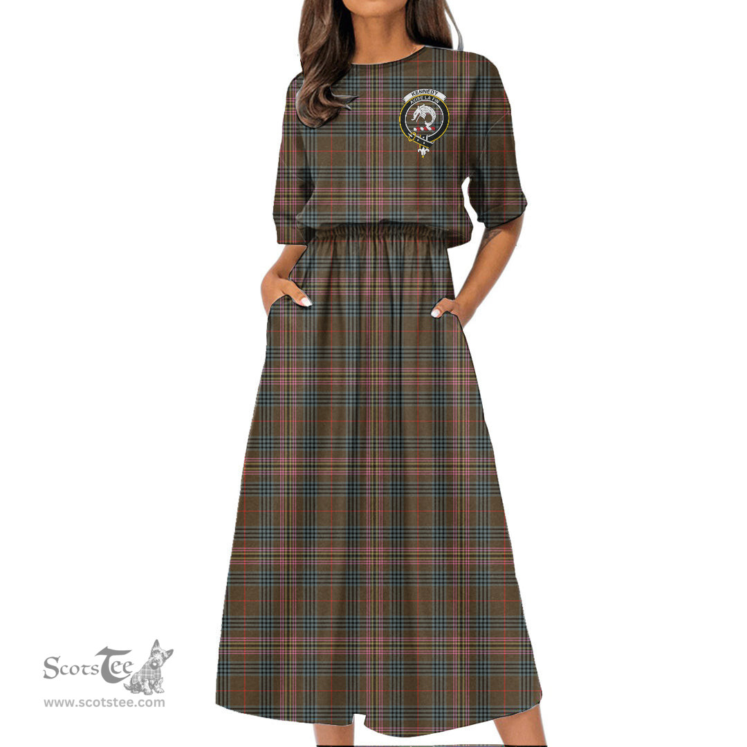 Scottish Kennedy Weathered Tartan Crest Womens Elastic Waist Dress Tartan Plaid Dress