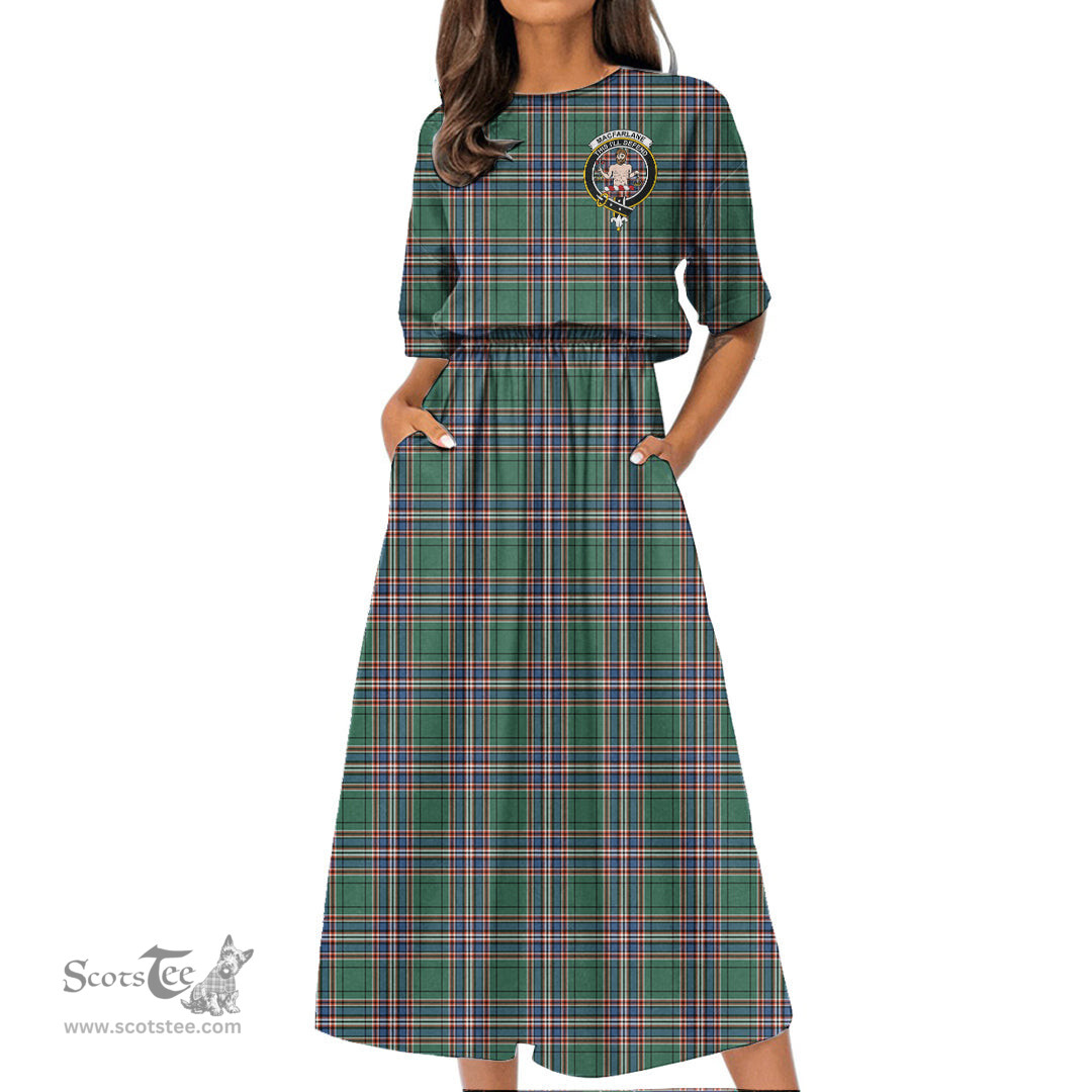 Scottish MacFarlane Hunting Ancient Tartan Crest Womens Elastic Waist Dress Tartan Plaid Dress
