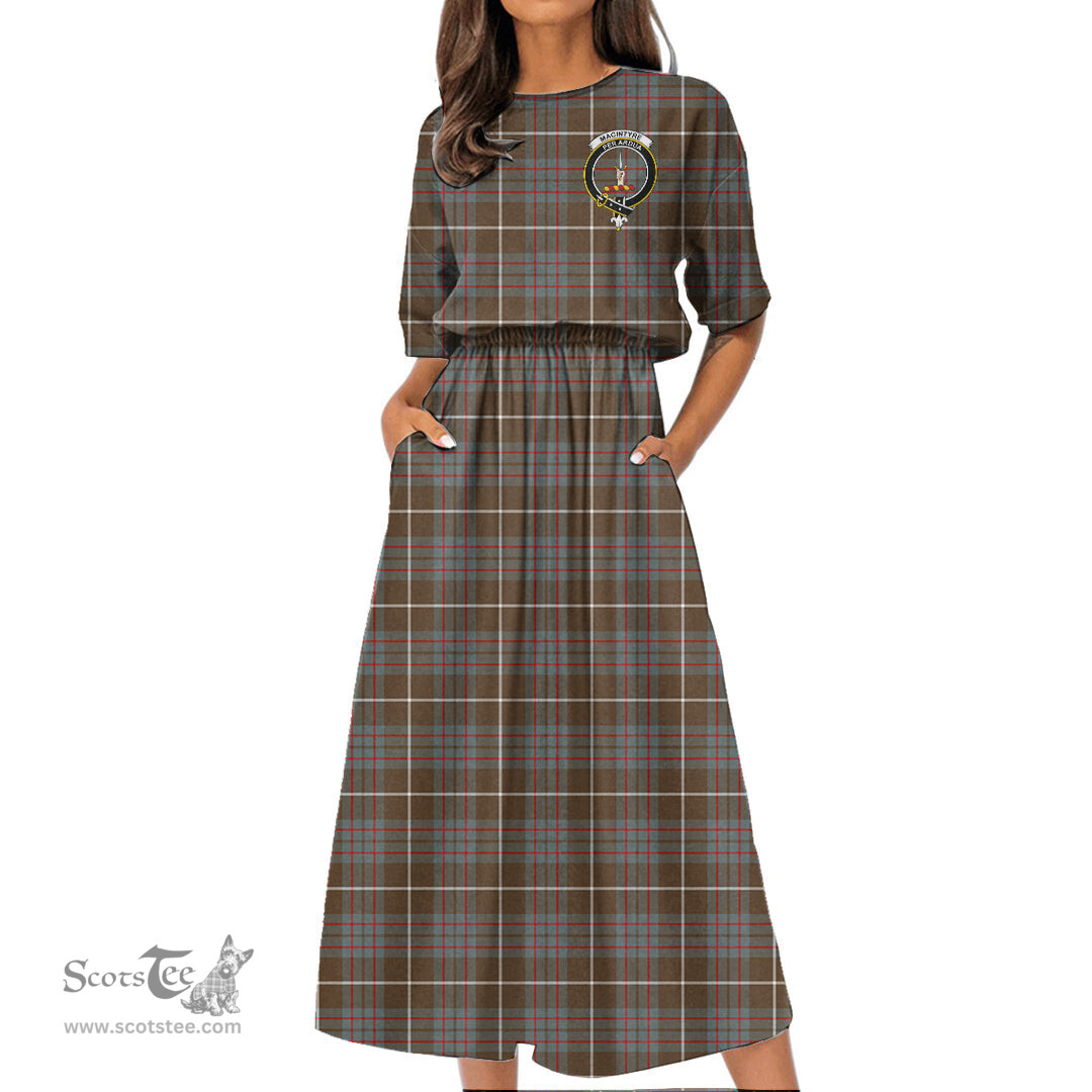 Scottish MacIntyre Hunting Weathered Tartan Crest Womens Elastic Waist Dress Tartan Plaid Dress