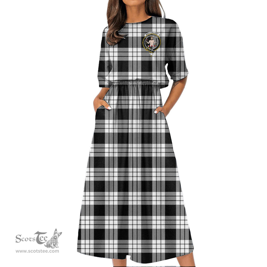 Scottish MacFarlane Black & White Tartan Crest Womens Elastic Waist Dress Tartan Plaid Dress