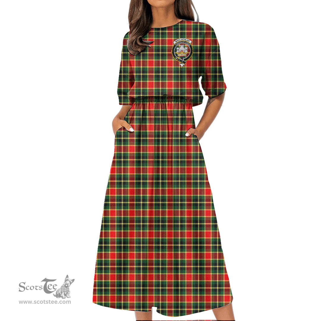 Scottish MacLachlan Hunting Modern Tartan Crest Womens Elastic Waist Dress Tartan Plaid Dress