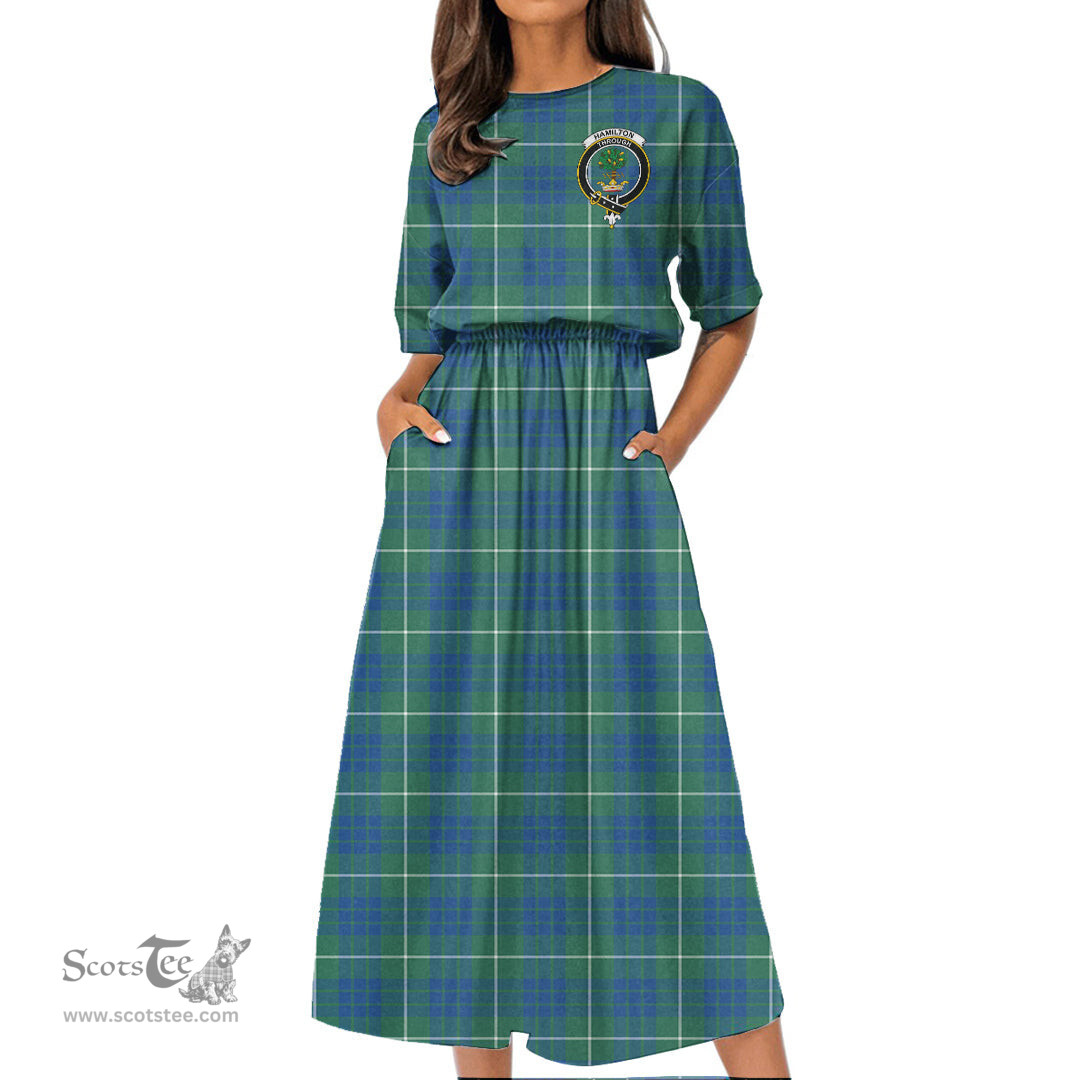 Scottish Hamilton Hunting Ancient Tartan Crest Womens Elastic Waist Dress Tartan Plaid Dress