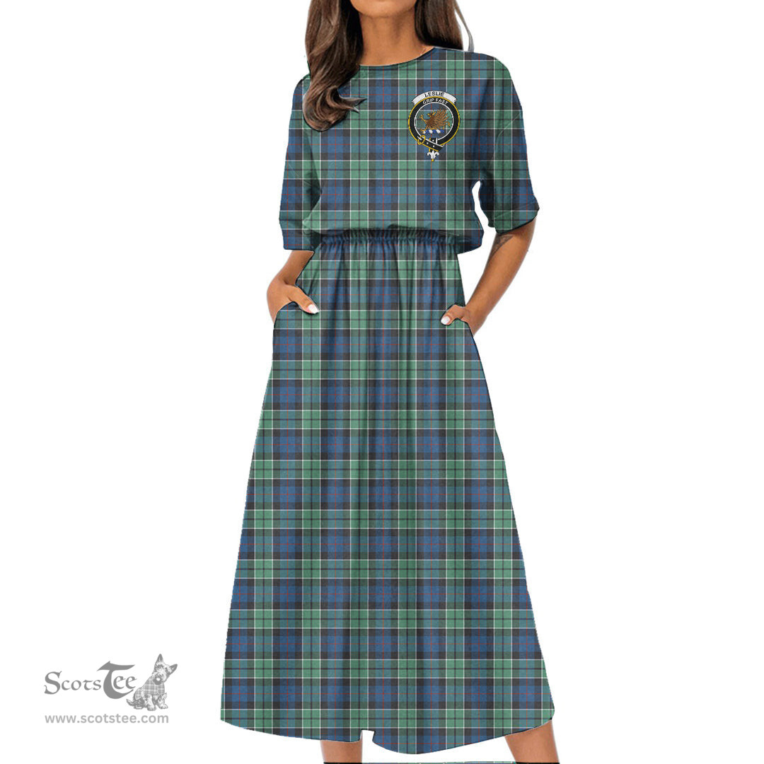 Scottish Leslie Hunting Ancient Tartan Crest Womens Elastic Waist Dress Tartan Plaid Dress