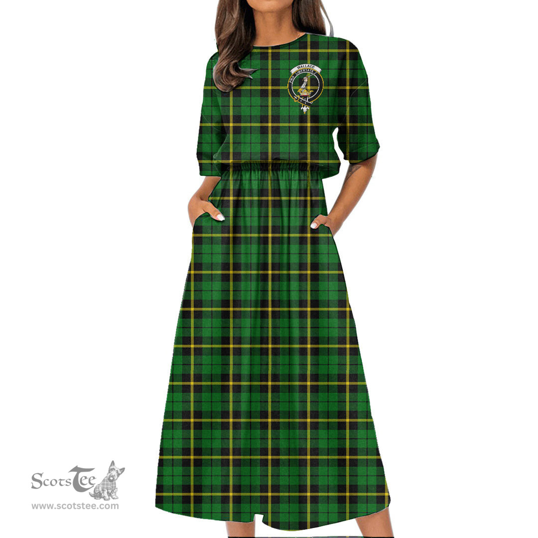 Scottish Wallace Hunting - Green Tartan Crest Womens Elastic Waist Dress Tartan Plaid Dress
