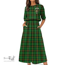 Scottish Wallace Hunting - Green Tartan Crest Womens Elastic Waist Dress Tartan Plaid Dress