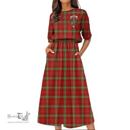 Scottish Morrison Red Modern Tartan Crest Womens Elastic Waist Dress Tartan Plaid Dress