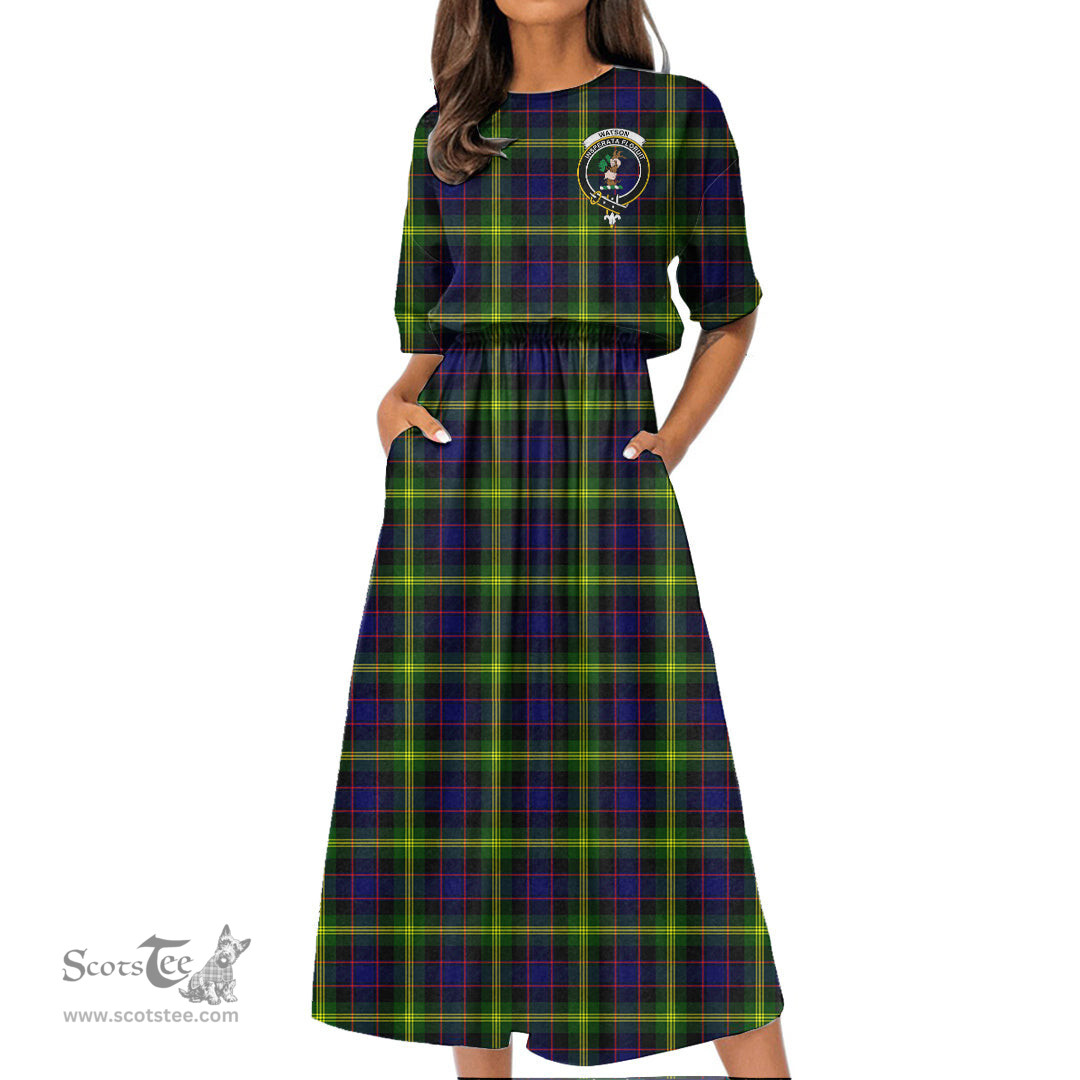 Scottish Watson Modern Tartan Crest Womens Elastic Waist Dress Tartan Plaid Dress