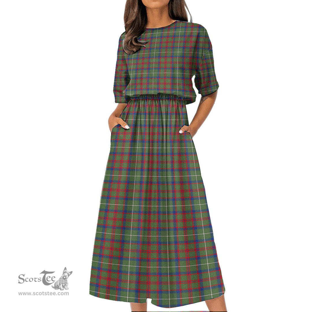 Scottish Shaw Green Modern Tartan Womens Elastic Waist Dress Tartan Plaid Dress