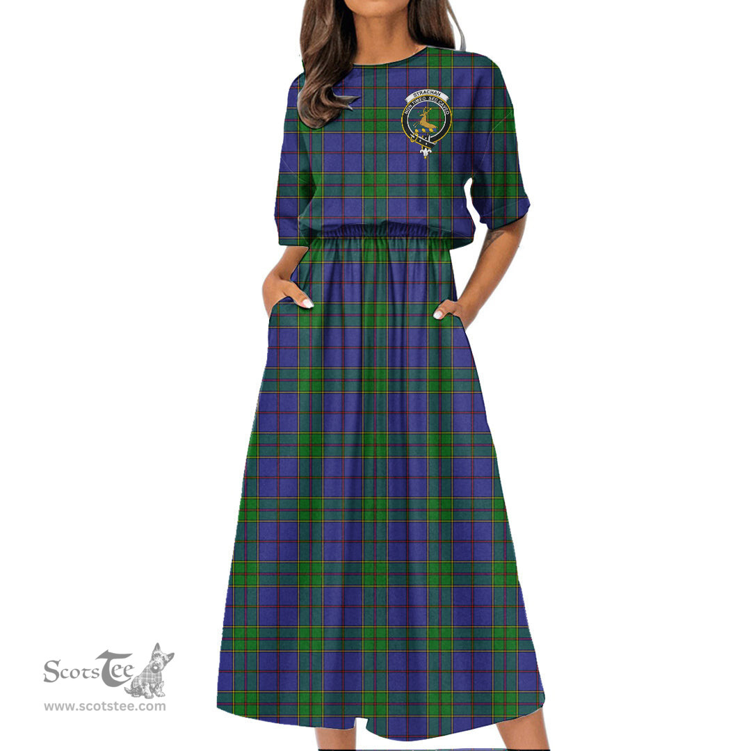 Scottish Strachan Tartan Crest Womens Elastic Waist Dress Tartan Plaid Dress