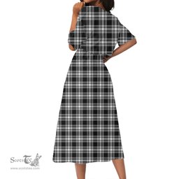 Scottish Menzies Black & White Modern Tartan Crest Womens Elastic Waist Dress Tartan Plaid Dress