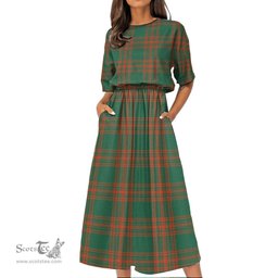 Scottish Menzies Green Ancient Tartan Womens Elastic Waist Dress Tartan Plaid Dress