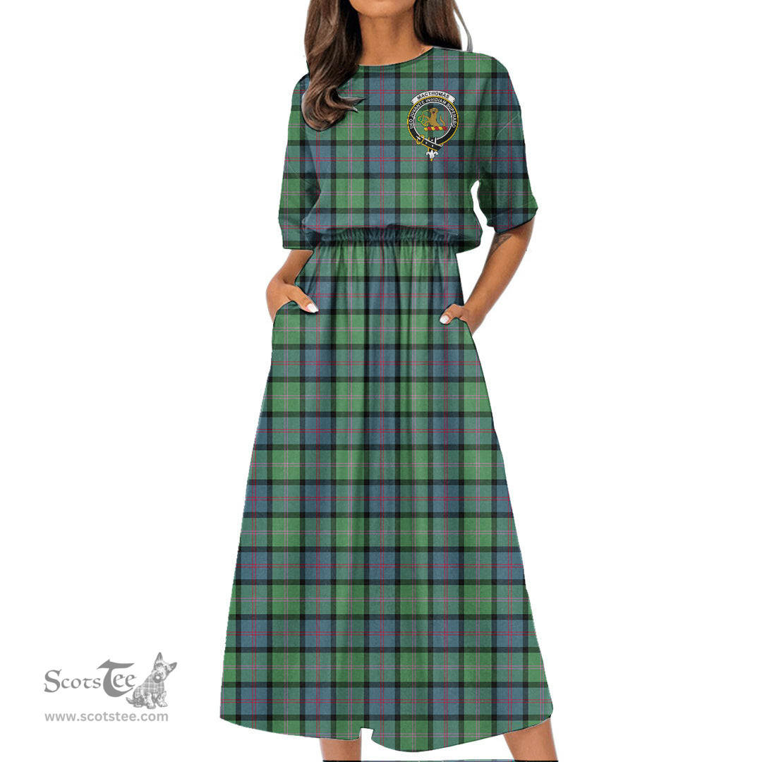 Scottish MacThomas Ancient Tartan Crest Womens Elastic Waist Dress Tartan Plaid Dress