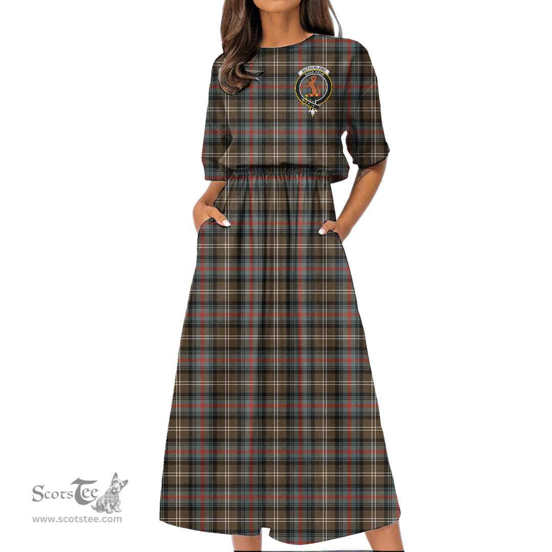 Scottish Sutherland Weathered Tartan Crest Womens Elastic Waist Dress Tartan Plaid Dress