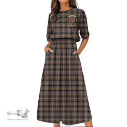 Scottish Sutherland Weathered Tartan Crest Womens Elastic Waist Dress Tartan Plaid Dress