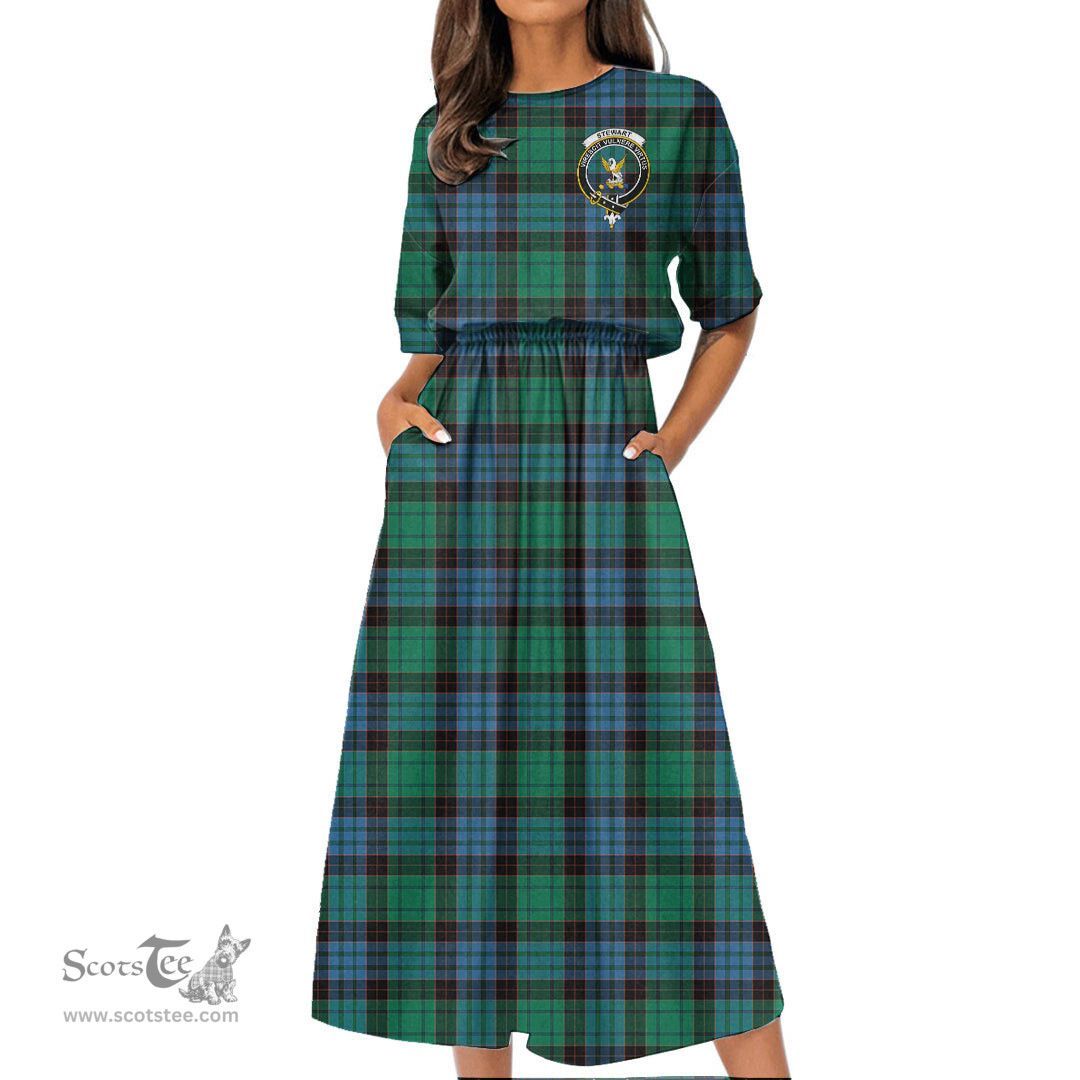 Scottish Stewart Old Ancient Tartan Crest Womens Elastic Waist Dress Tartan Plaid Dress