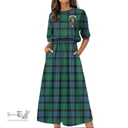 Scottish Stewart Old Ancient Tartan Crest Womens Elastic Waist Dress Tartan Plaid Dress