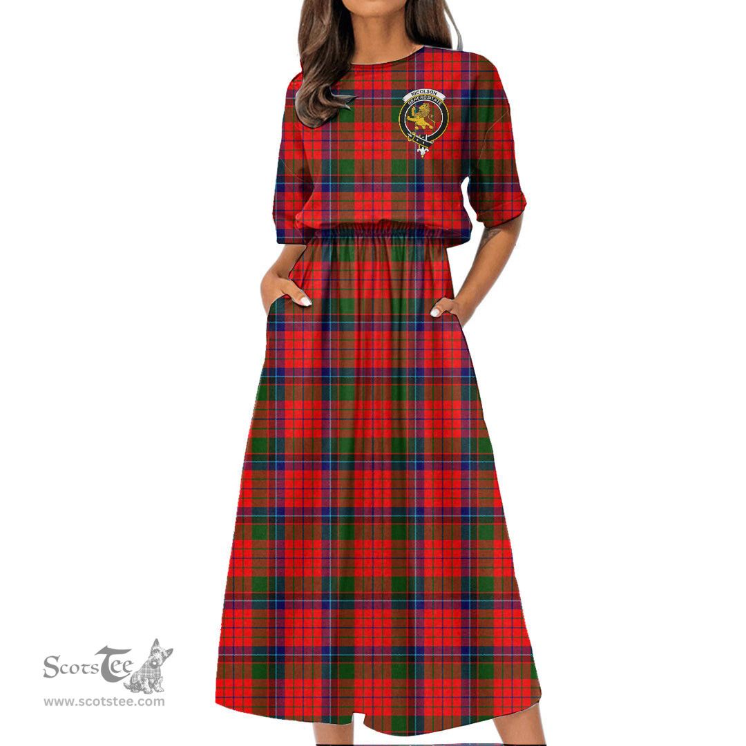 Scottish Nicolson Modern Tartan Crest Womens Elastic Waist Dress Tartan Plaid Dress