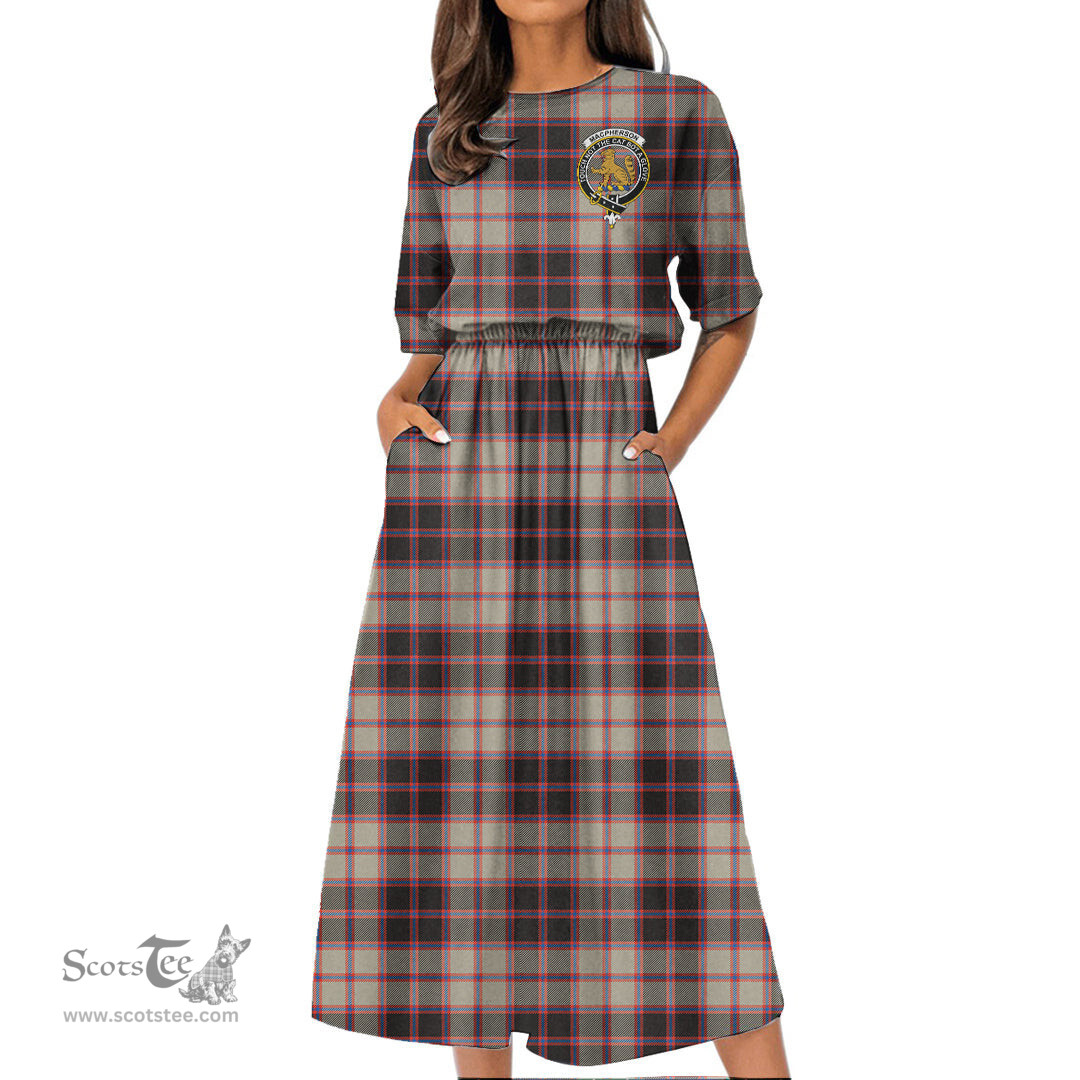 Scottish MacPherson Hunting Ancient Tartan Crest Womens Elastic Waist Dress Tartan Plaid Dress