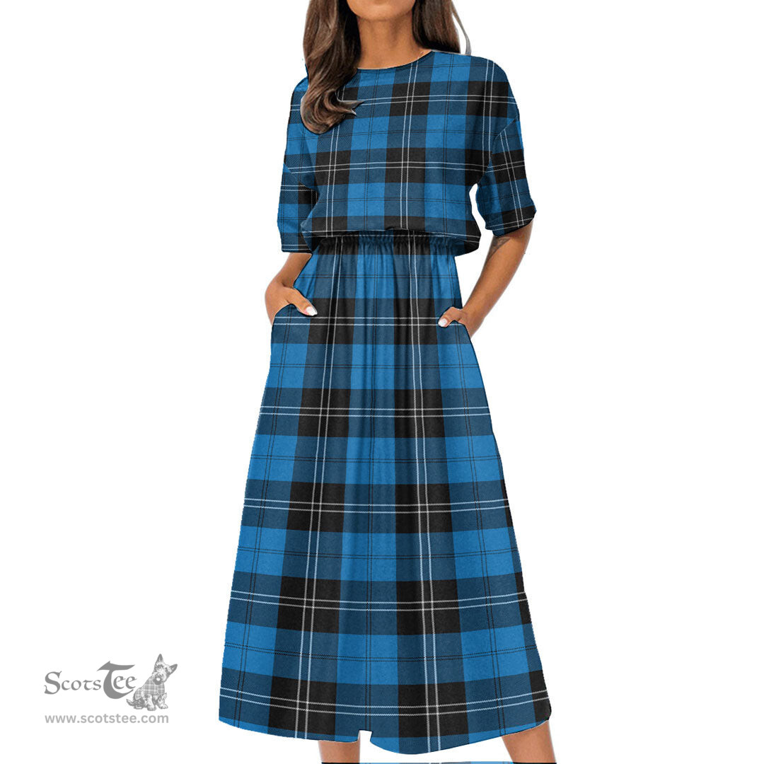 Scottish Ramsay Blue Ancient Tartan Womens Elastic Waist Dress Tartan Plaid Dress
