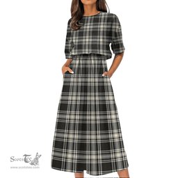 Scottish Menzies Black & White Ancient Tartan Womens Elastic Waist Dress Tartan Plaid Dress