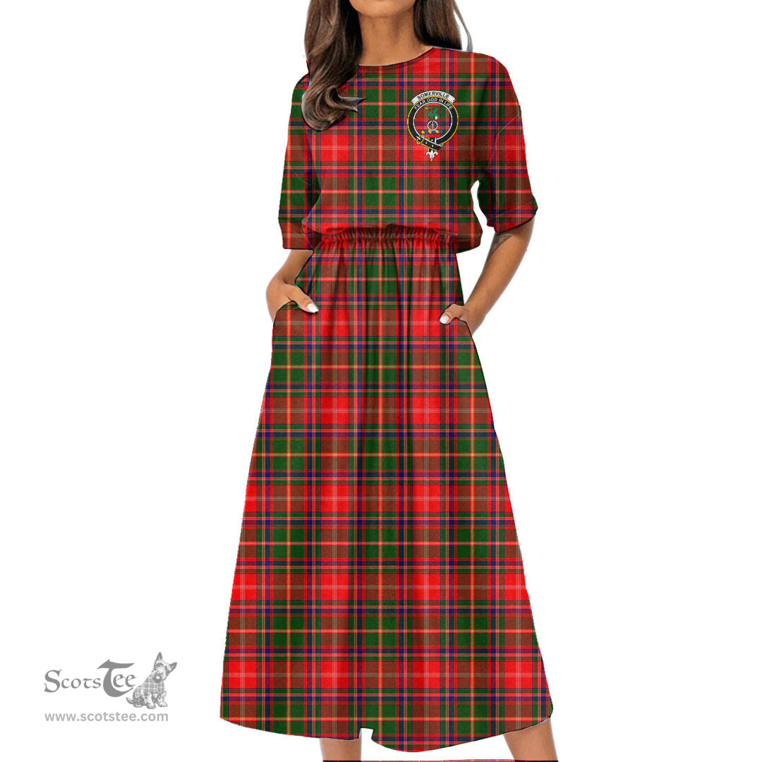 Scottish Somerville Modern Tartan Crest Womens Elastic Waist Dress Tartan Plaid Dress