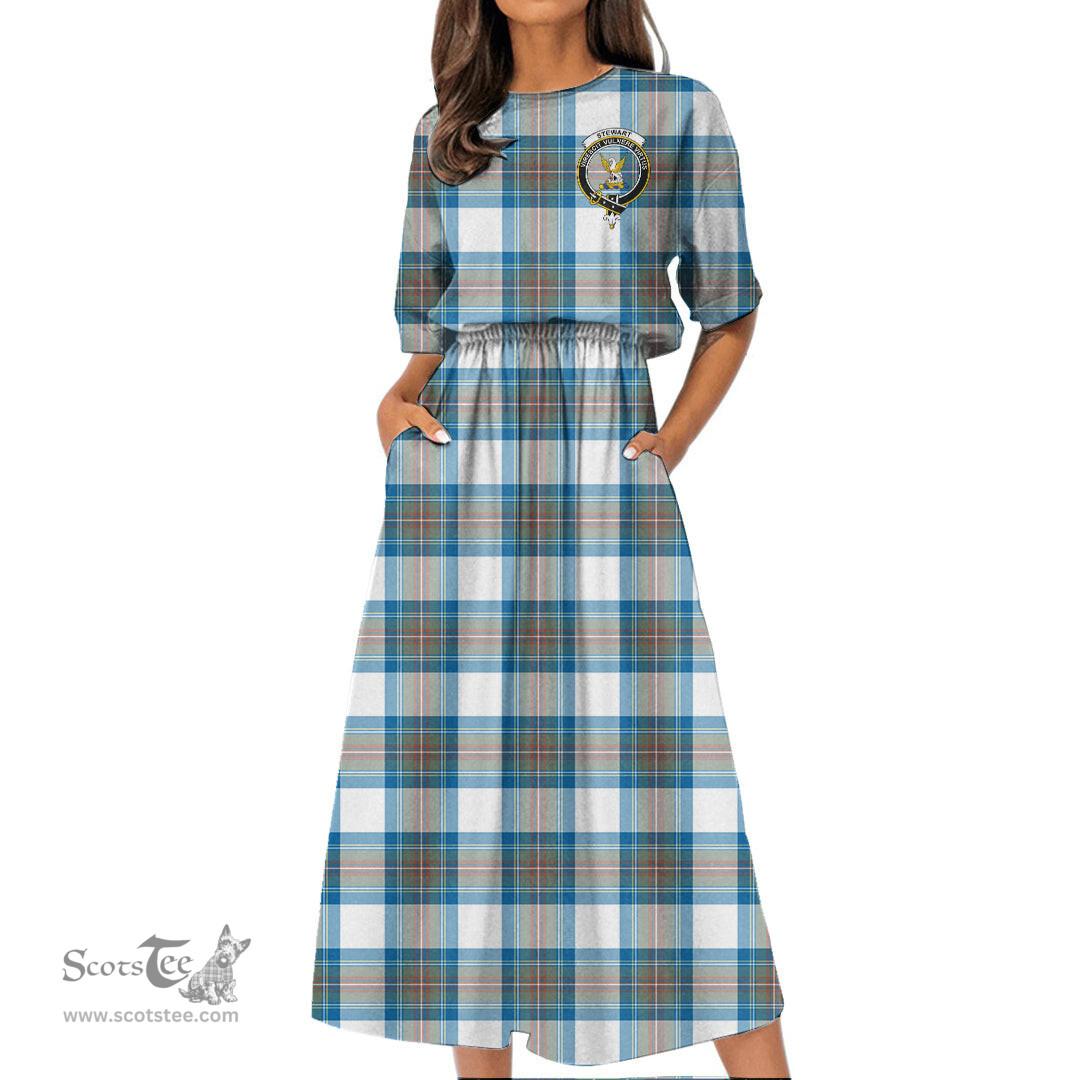 Scottish Stewart Muted Blue Tartan Crest Womens Elastic Waist Dress Tartan Plaid Dress